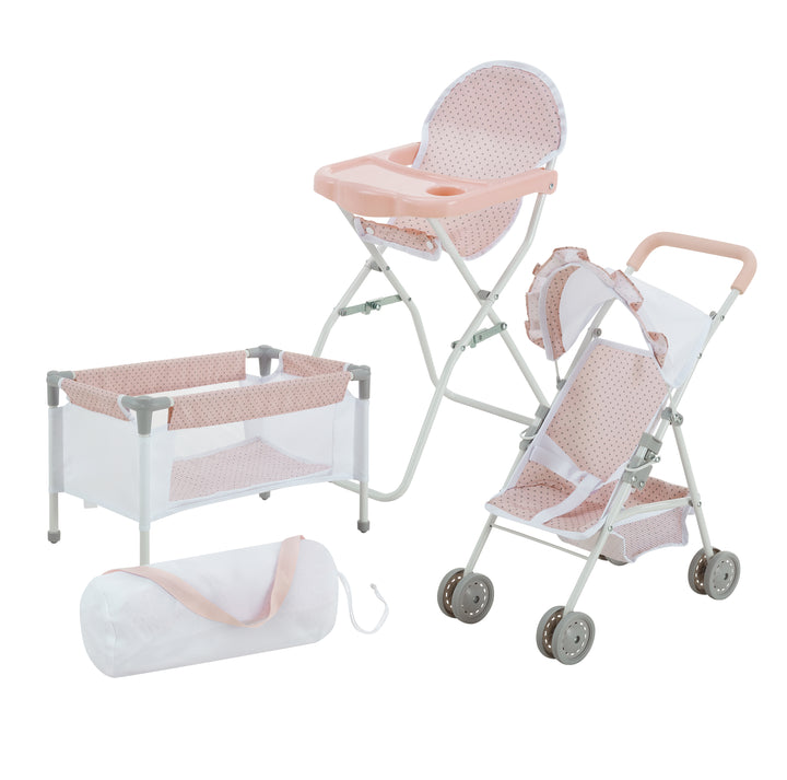 A 3-piece child's play nursery set with a crib, high chair and stroller and a storage bag in white and pink