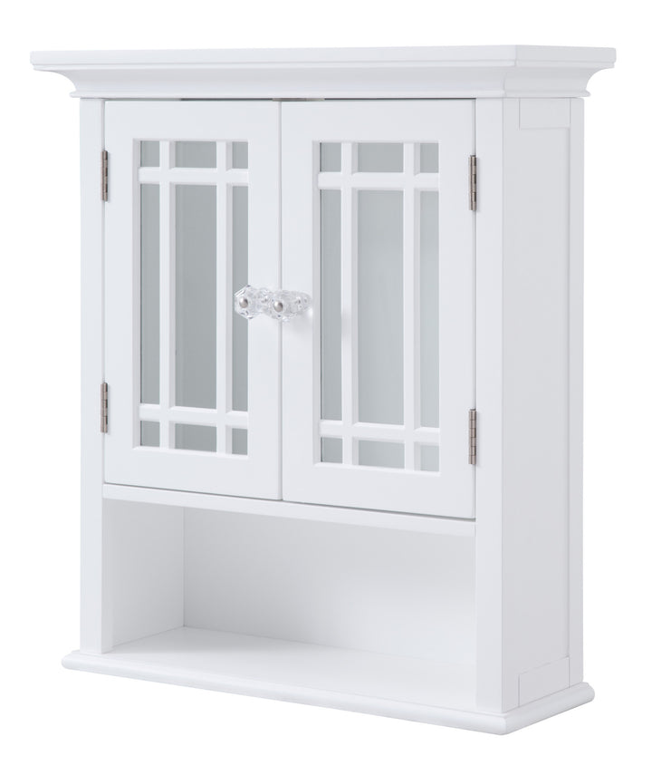 A 2-door white wall cabinet with a bottom shelf