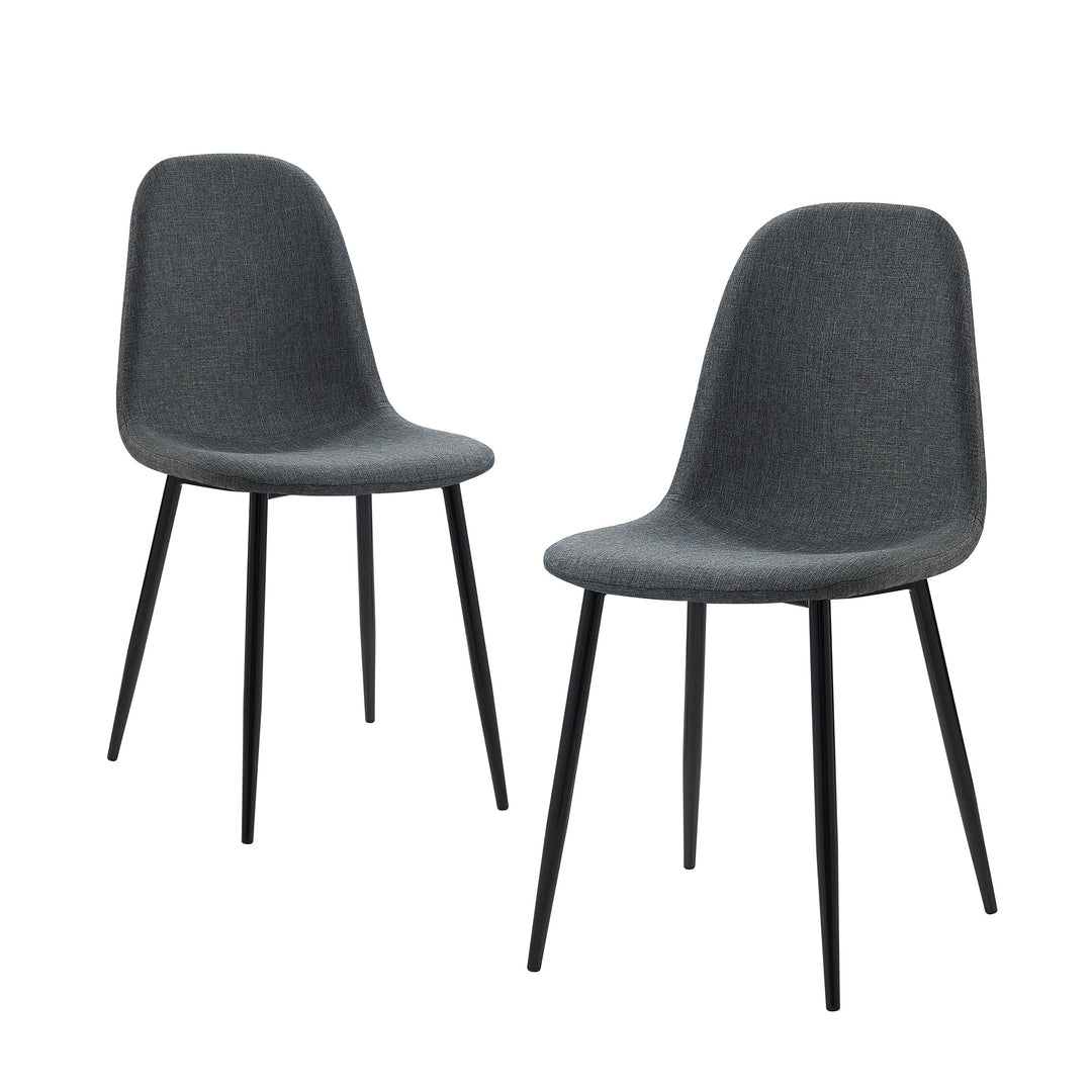 Two chairs with gray colored fabric and black legs. 