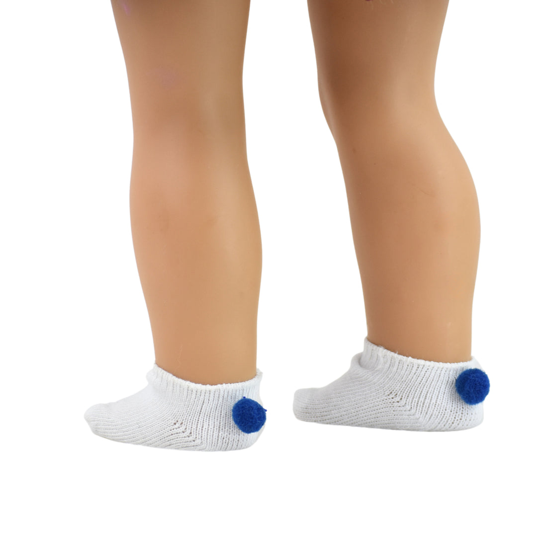 A pair of white footie socks with a navy pom pom on the back