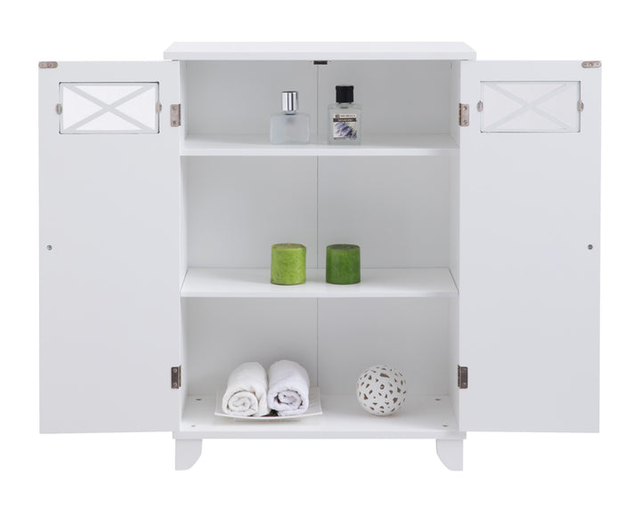 A white floor cabinet with the doors open and items on the three shelves