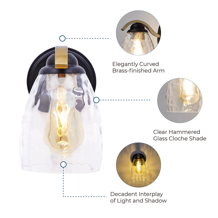 The scone with infographic features: clear hammered cloche shade, and curved brass arm.