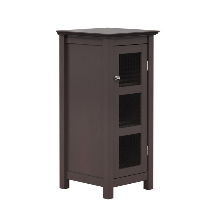 side view of brown cabinet with chrome hardware