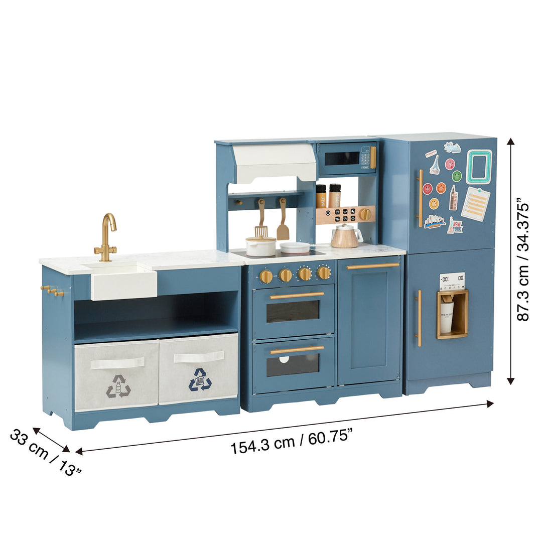 Little Chef Atlanta modular kids play kichen with blue cabinets and a refrigerator with the dimensions listed in inches and centimeters