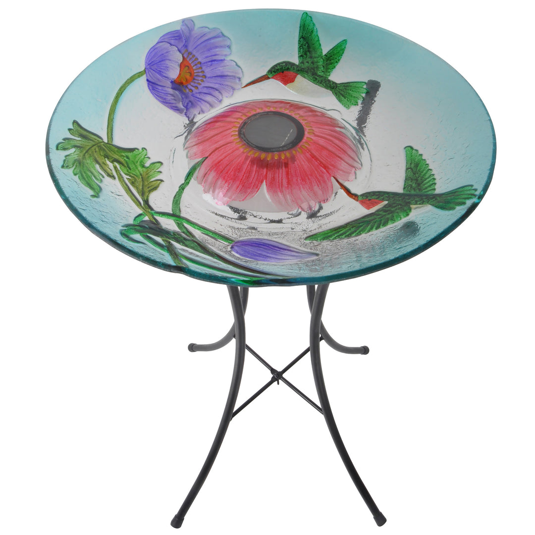 birdbath bowl with center light, on iron stand