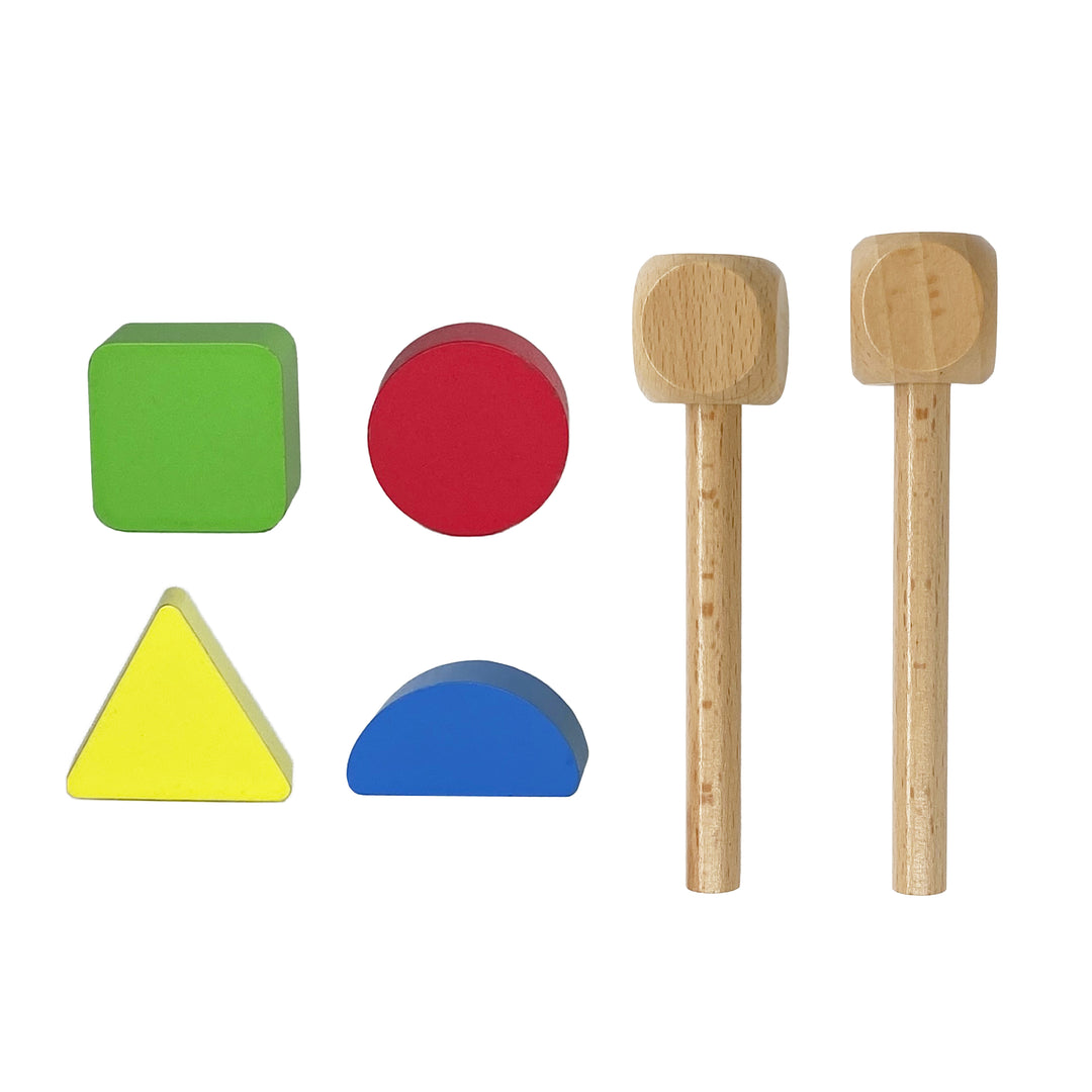 A pair of wooden mallets for a xylophone and four colorful shaped blocks for the Zebra Wooden Activity Play Center 