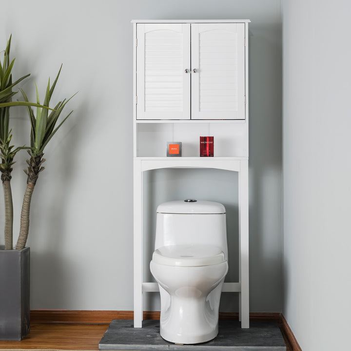 Modern bathroom interior with White Teamson Home Louis Over-the-Toilet Cabinet with Louvered Doors and an Open Shelf