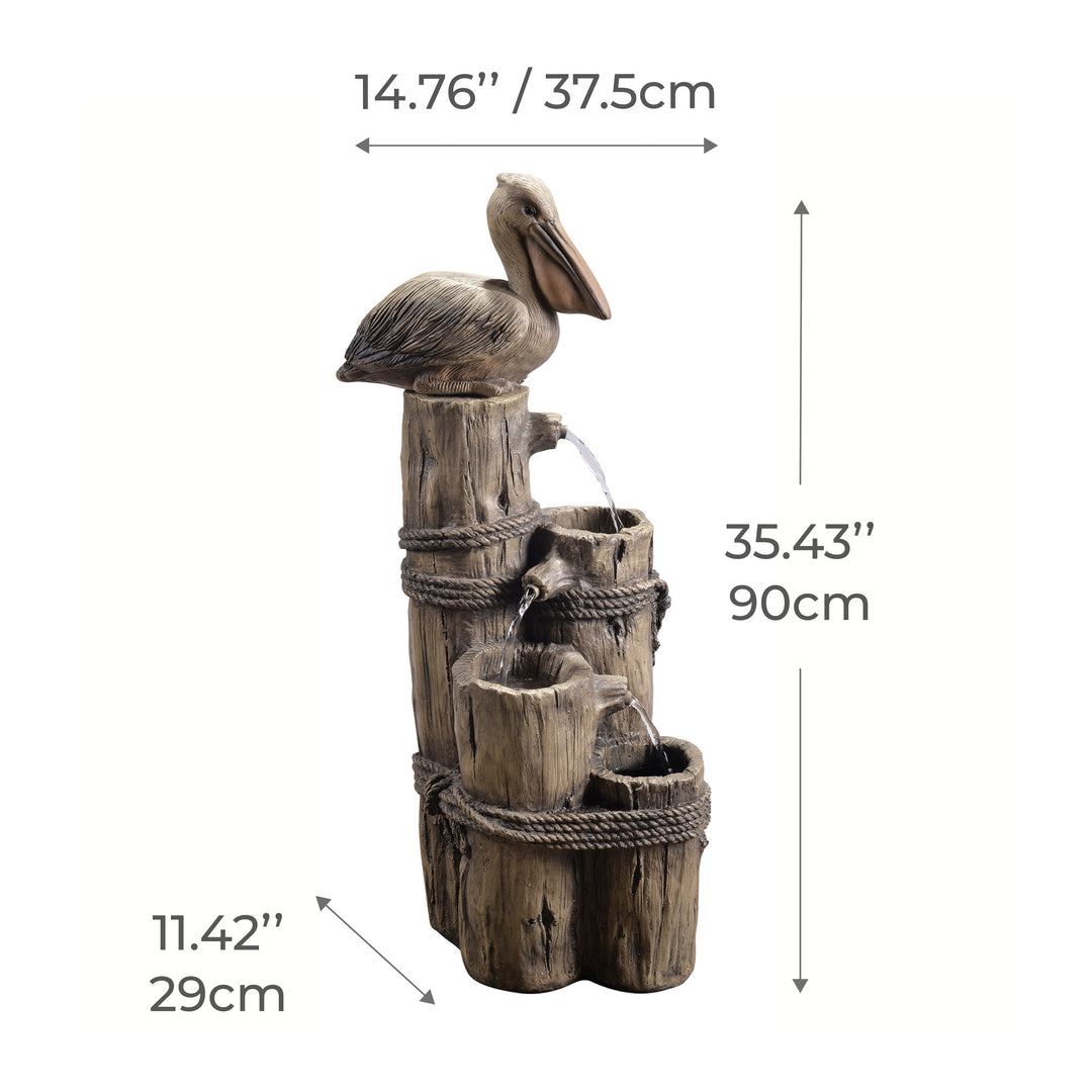 Pelican fountain with dimensions, stands 35.43 inches tall