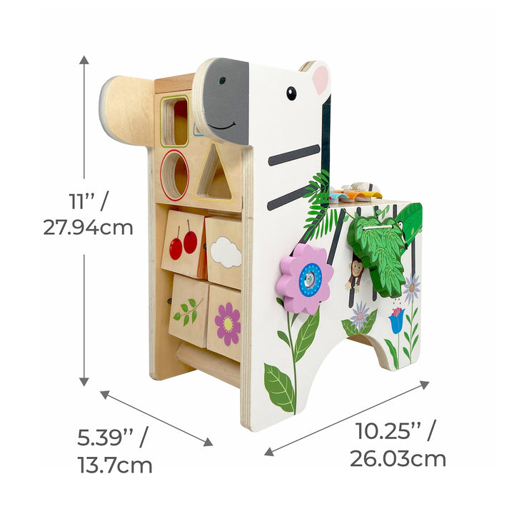 Dimensions in inches and centimeters of the Zebra Wooden Activity Play Center 