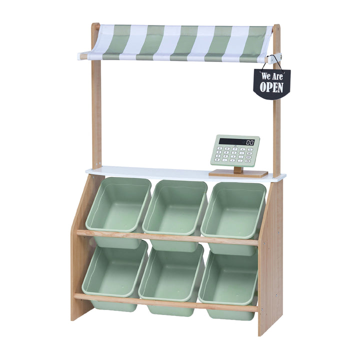 side view of a kids market stand with six green bins and a green and white striped awning