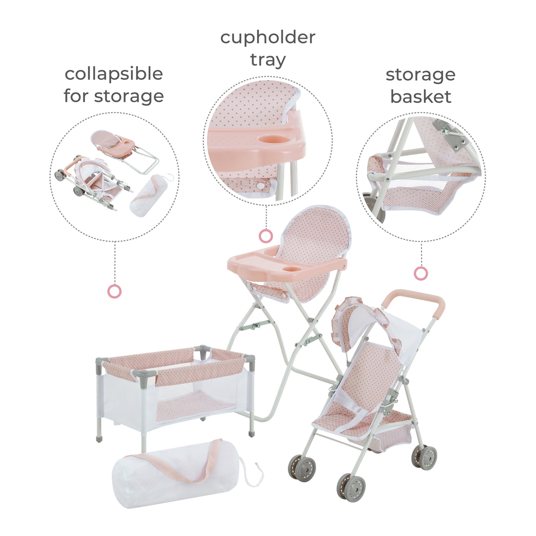 Callouts for a 3-piece pink and white kids nursery set: collapsible storage, cupholder tray and storage basket