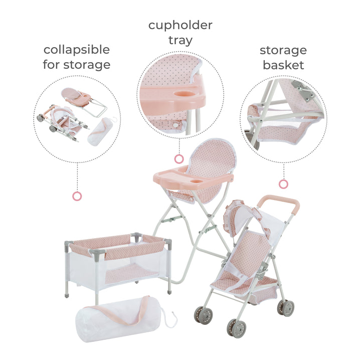 Callouts for a 3-piece pink and white kids nursery set: collapsible storage, cupholder tray and storage basket