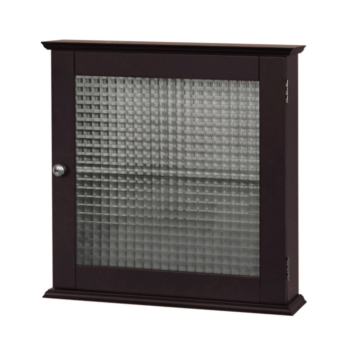 A dark espresso medicine cabinet with a waffle glass paneled door