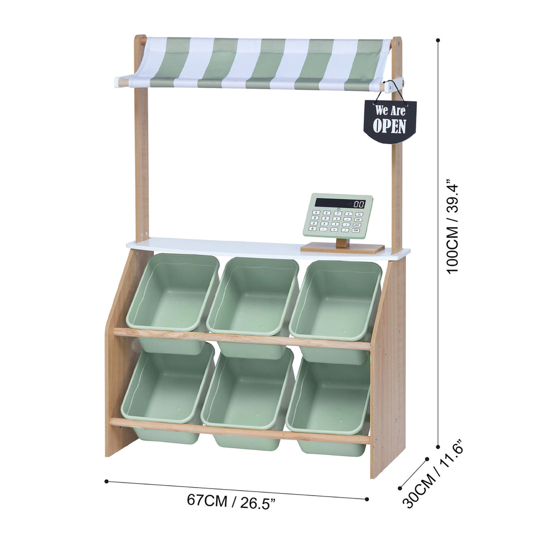 A dimensional graphic of a play market stand in inches and centimeters