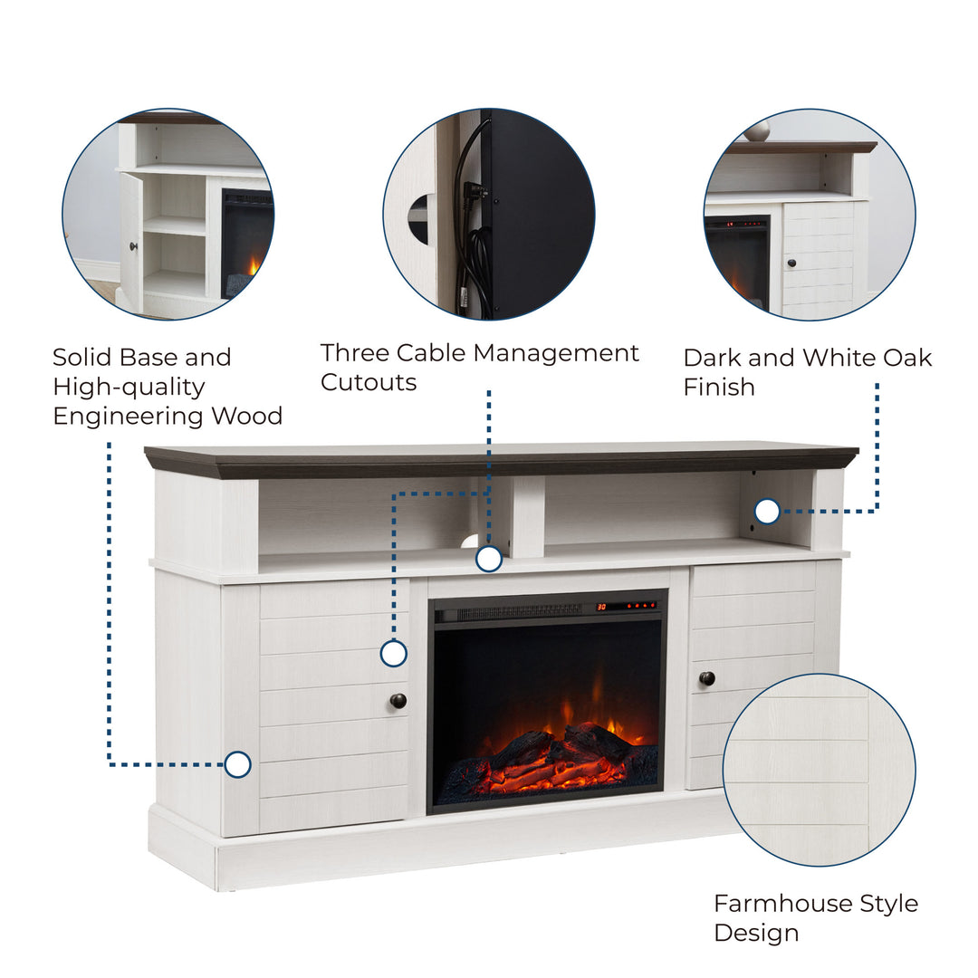 Infographic with callouts for high quality engineered wood base, cable cutouts, dark and white oak finish and farmhouse style