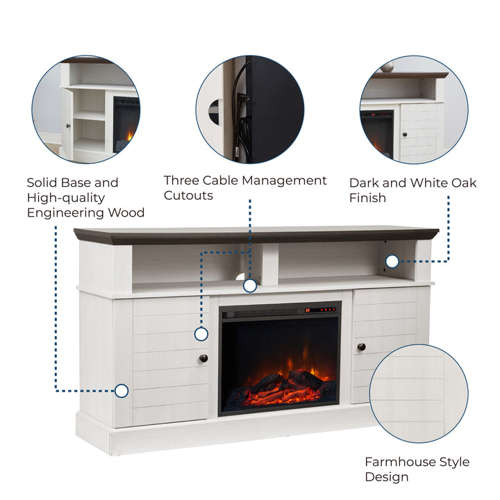 Infographic with callouts for high quality engineered wood base, cable cutouts, dark and white oak finish and farmhouse style