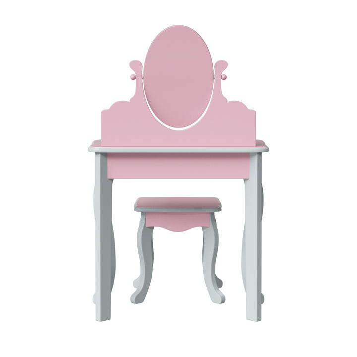 A backview of a pink and gray vanity set