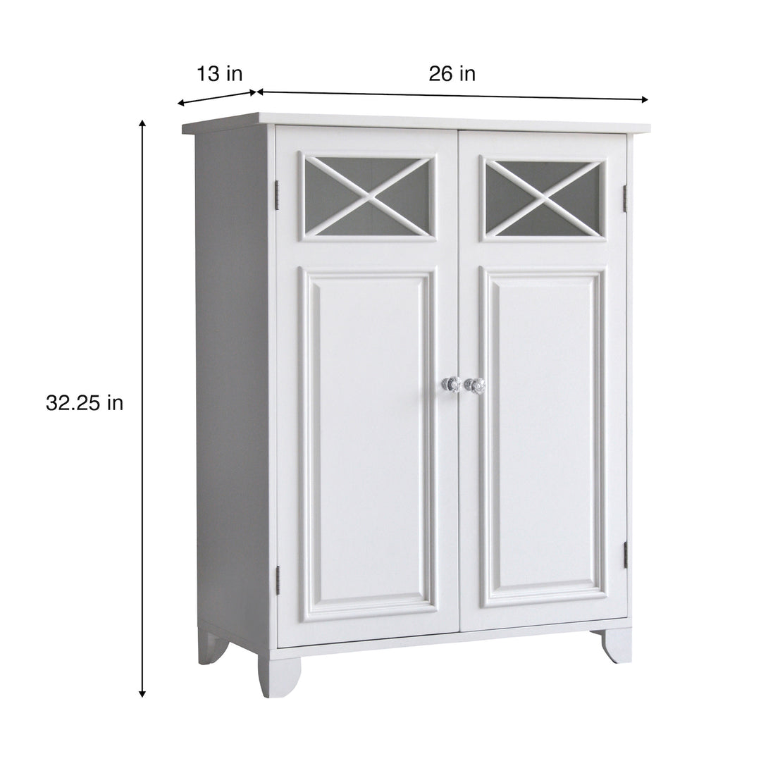 Dimensional graphic of a white floor cabinet in inches and centimeters