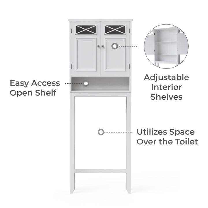 Infographic with callouts for easy access shelf, adjustable interior shelves, and use of space over a toilet