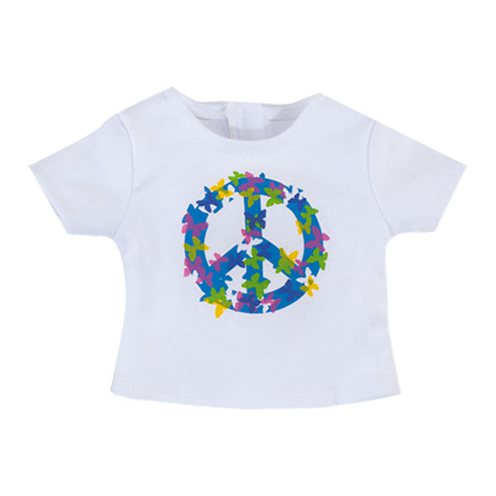 A white tee with a peace sign and butterflies for an 18" doll