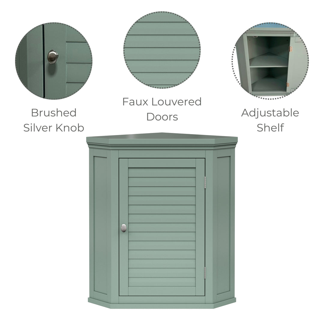 Infographic for a sage green corner wall cabinet highlighting brushed silver knobs, faux louvered door, and adjustable shelf.