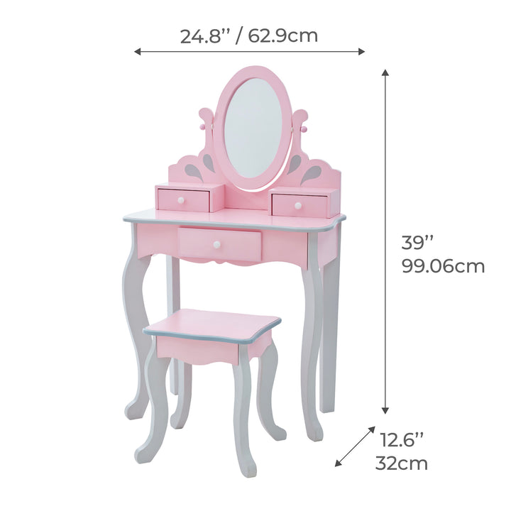 A dimensional graphic of a pink and gray vanity set in inches and centimeters