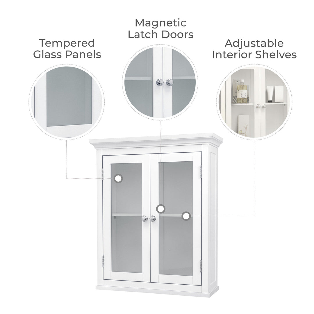 Infographic with callouts - tempered glass panels, magnetic door latch and adjustable shelves