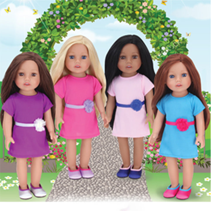 4 18" dolls - brunette in purple dress, blonde in pink dress, black haired in pink dress, and auburn hair in a blue dress