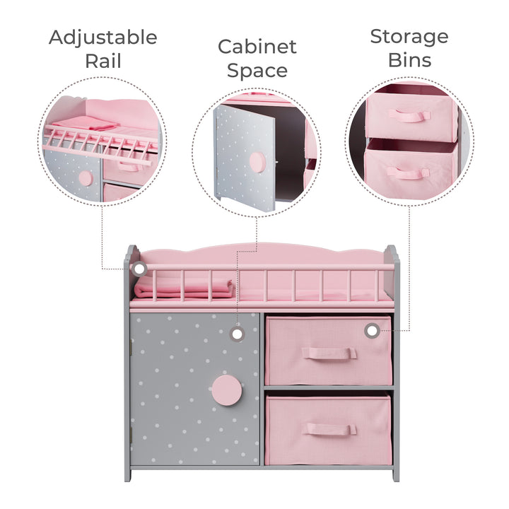 A infographic highlighting features -adjustable rail, cabinet and storage bins