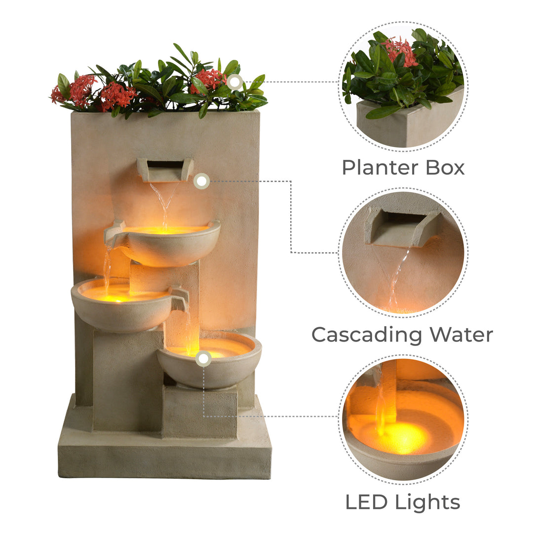 A sandy-colored outdoor water fountain with a planter on top and the feature callouts - the planter box, cascading water, and LED lights