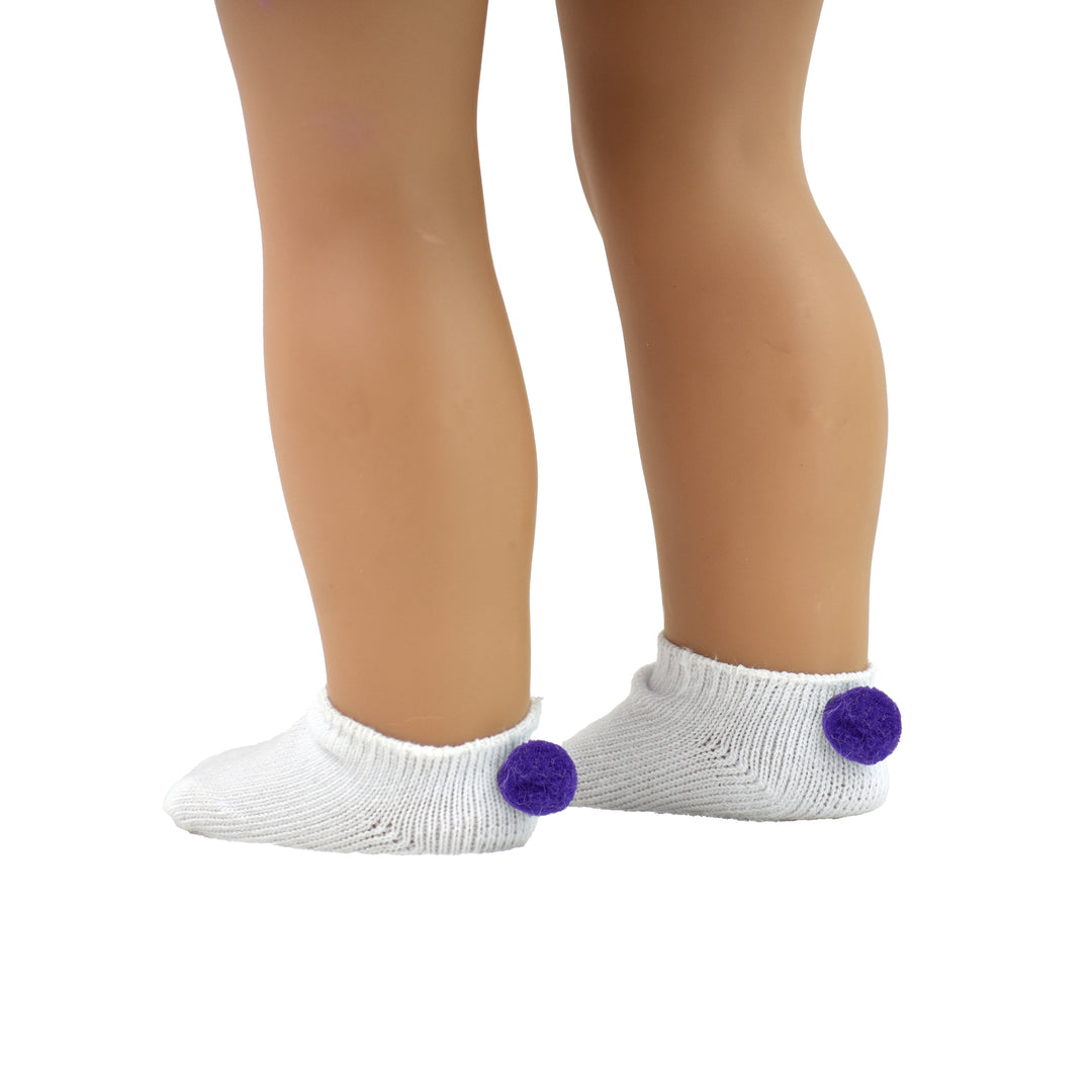 A pair of white footie socks with a purple pom pom on the back