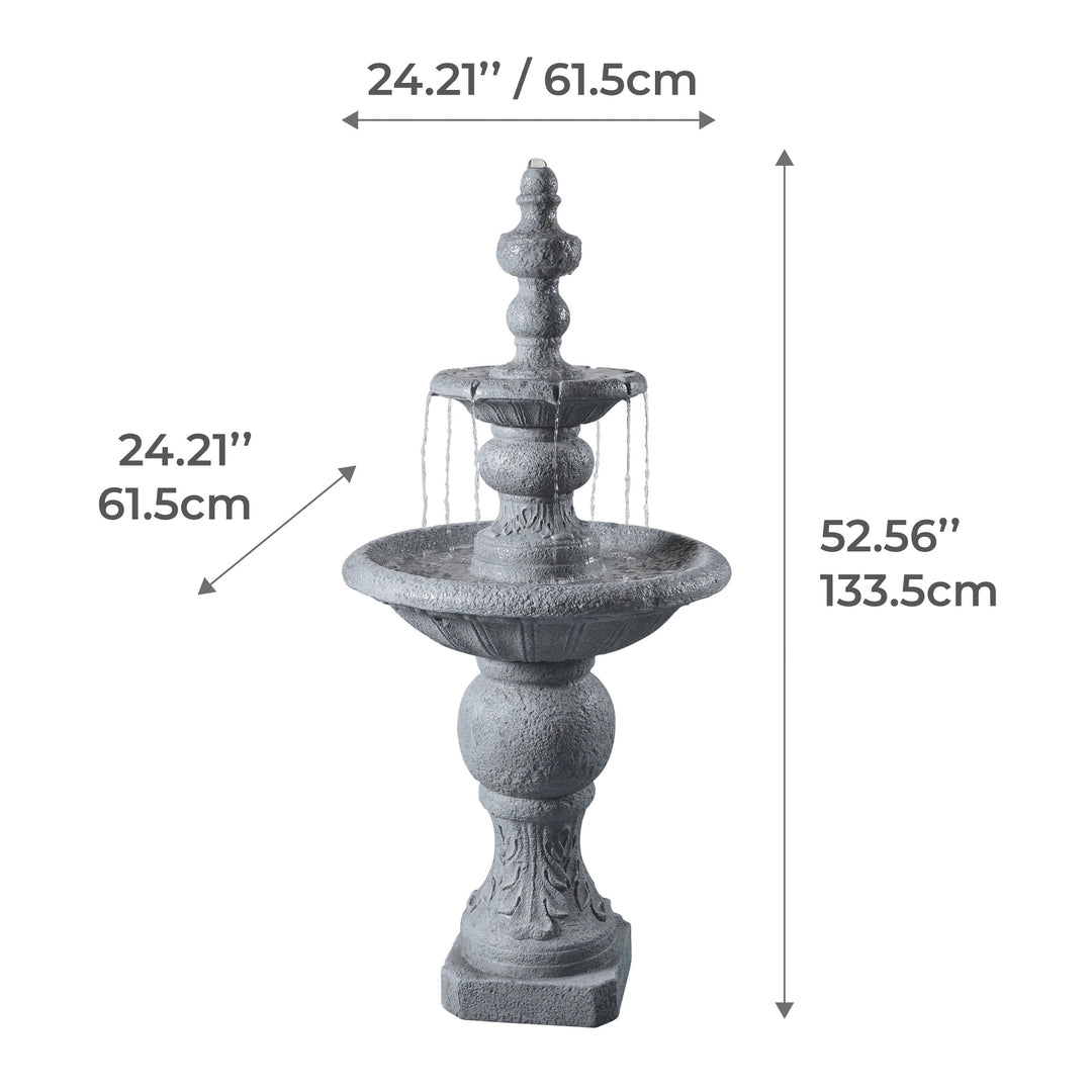 Dimensional graphic of a two-tier birdbath water fountain in inches and centimeters