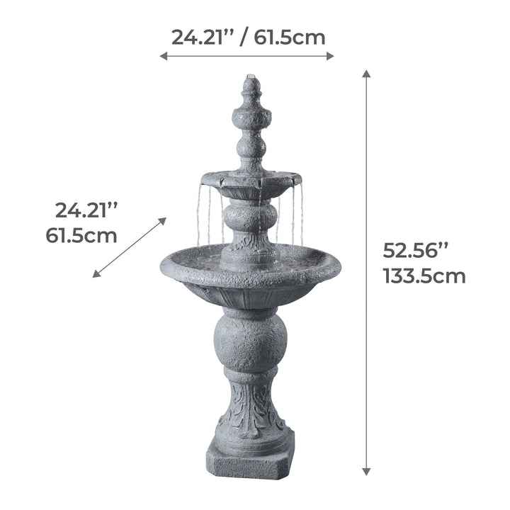 Dimensional graphic of a two-tier birdbath water fountain in inches and centimeters