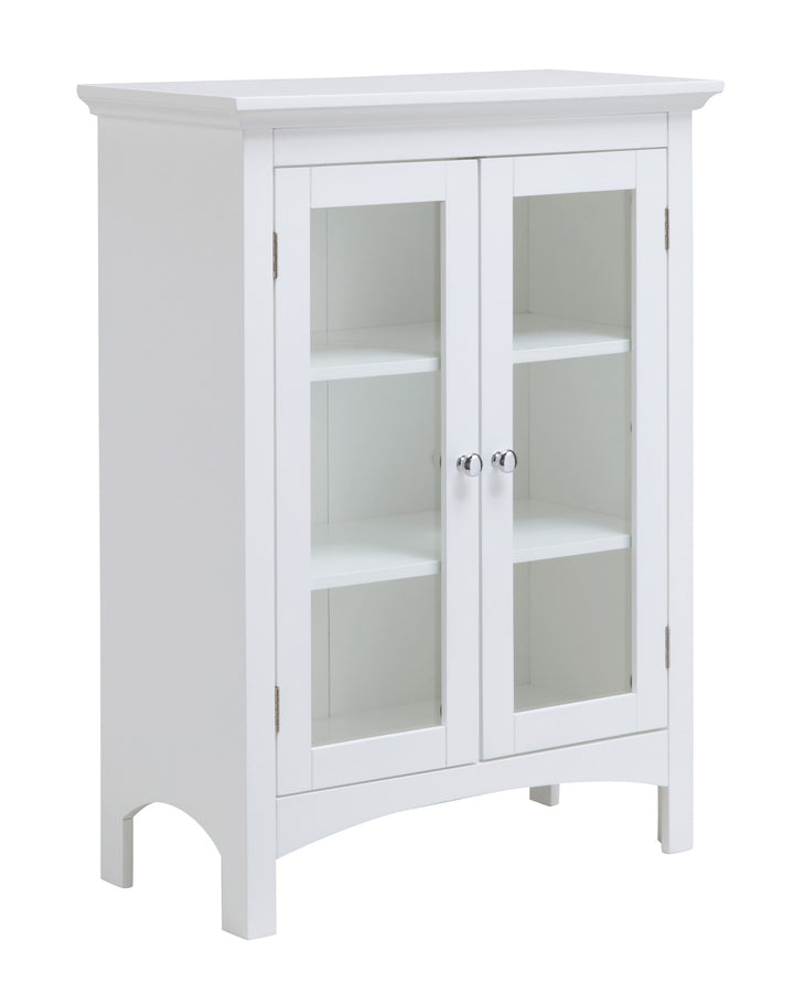 Sideview of a white wall cabinet with glass paneled doors and two interior shelves