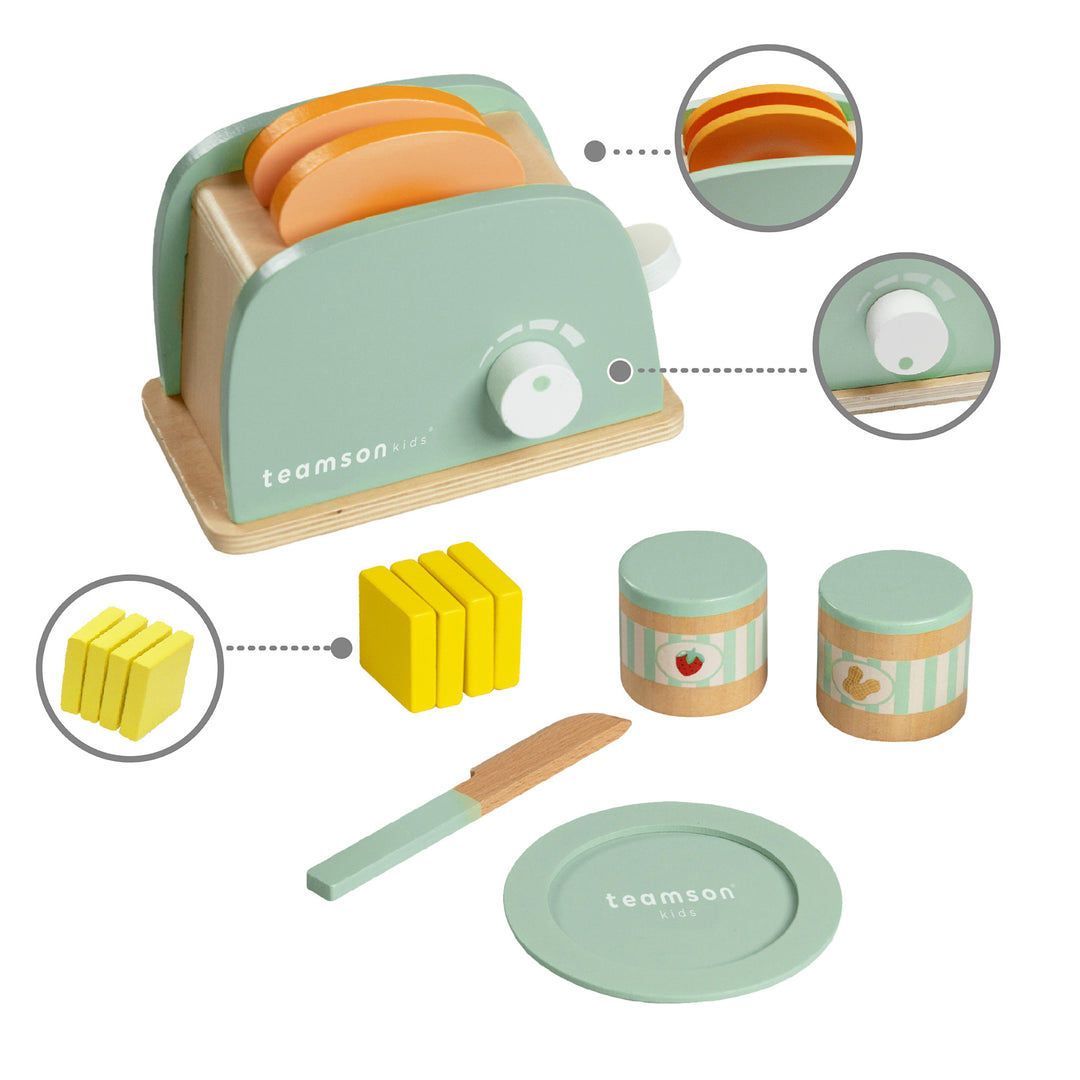 Infographic with callouts for a play toaster set - bread, dial on the side, and butter pats