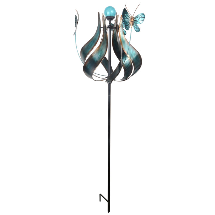 A teal tulip-shaped wind spinner garden stake