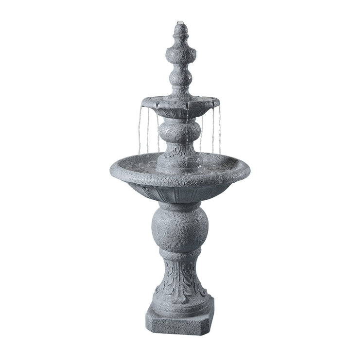 A two-tier faux gray stone birdbath water fountain