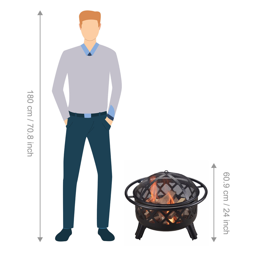 Firepit shown next to a person for scale, stands 24 inches