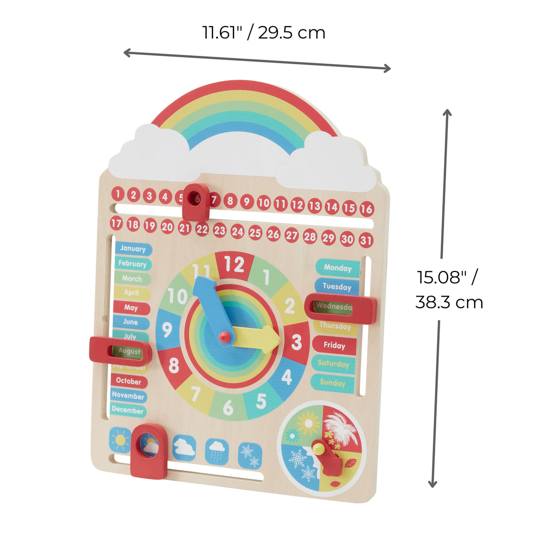 Wooden educational board toy featuring a rainbow, calendar with months and days, clock with movable hands, and weather indicators. Dimensions are 11.61 inches by 15.08 inches (29.5 cm by 38.3 cm).
