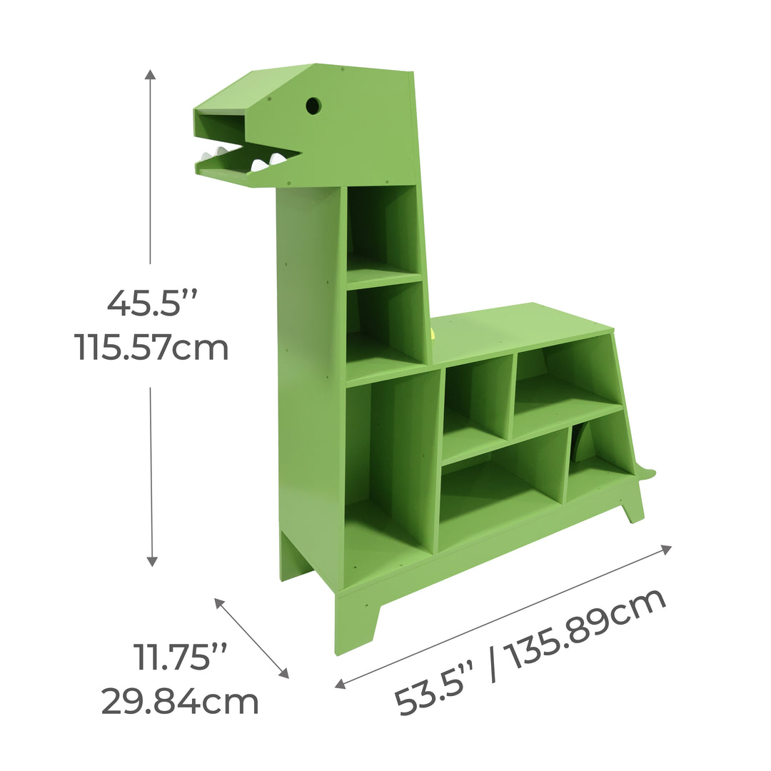 Dimensions of a dinosaur-shaped bookshelf measured in inches and centimeters