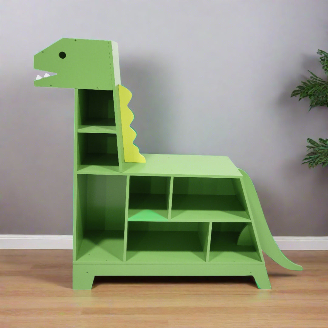 Green dinosaur-shaped bookshelf for children's bedrooms with 7 compartments