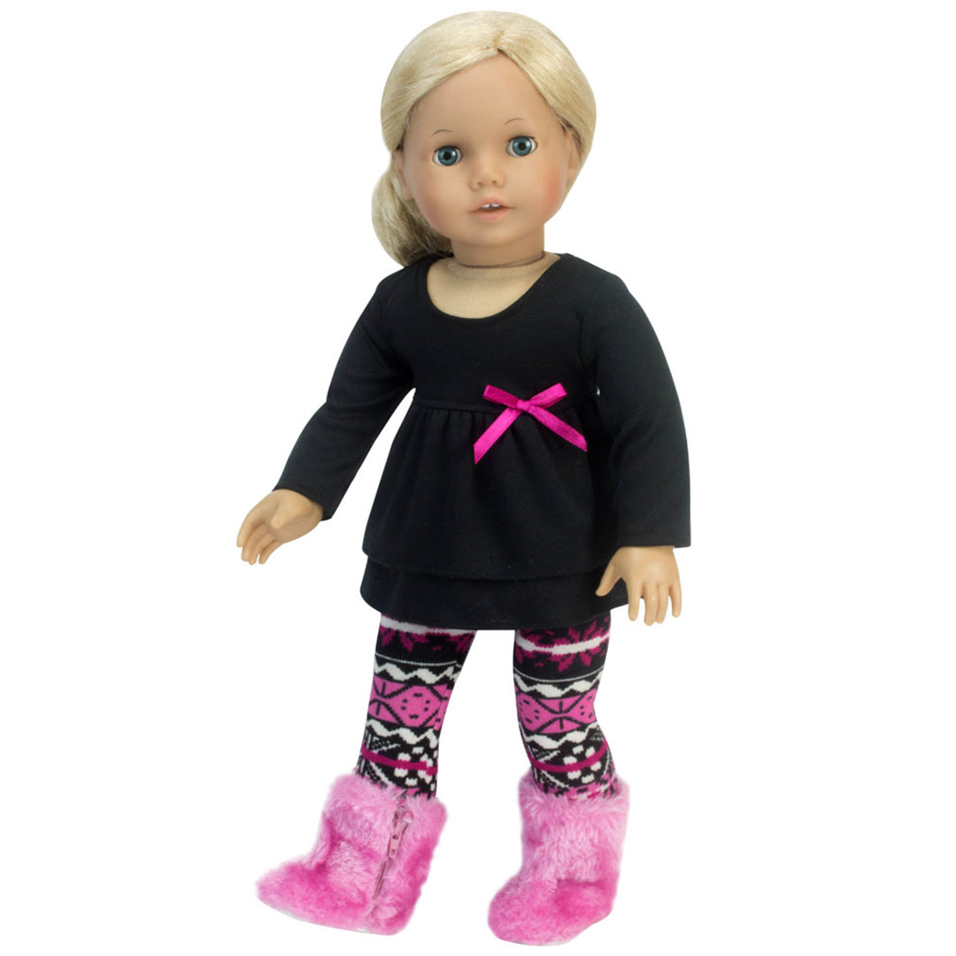 A blonde 18" doll in a black tunic, print leggings and pink boots