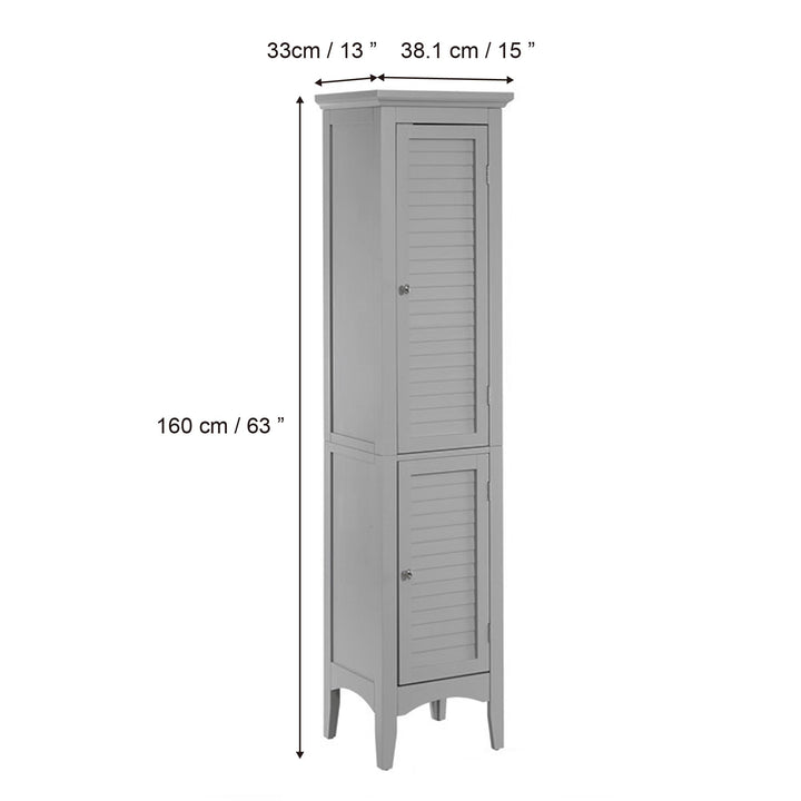 Dimensional graphic of a tall gray linen cabinet in inches and centimeters