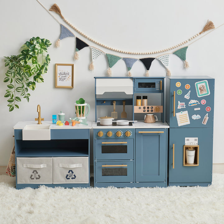 Little Chef Atlanta modular kids play kichen with blue cabinets and a refrigerator.