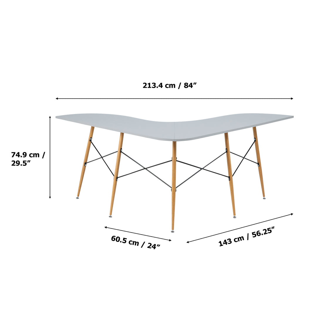 Dimensional graphic of an L-shaped desk in inches and centimeters