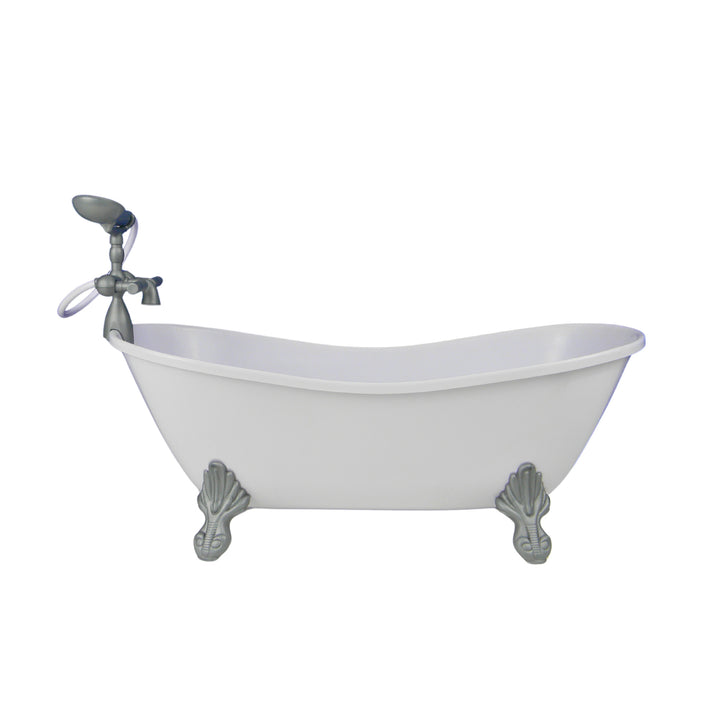 the side of the white clawfoot bathtub is shown a showerhead and faucet sits at one end