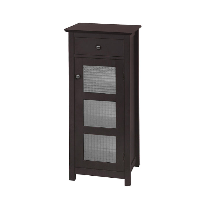 A narrow floor cabinet with a waffle glass door panel and drawer