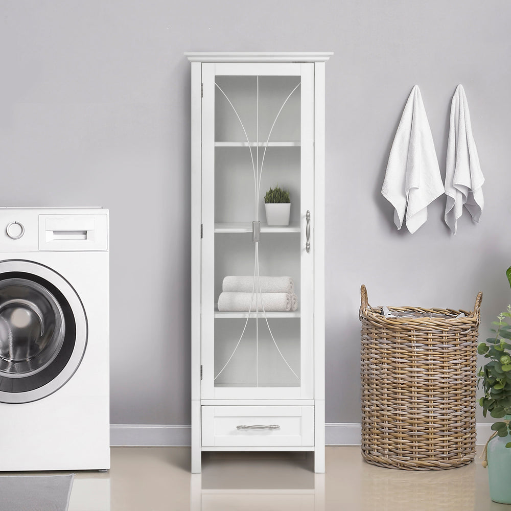 Tall white cabinet with glass door and bottom drawer