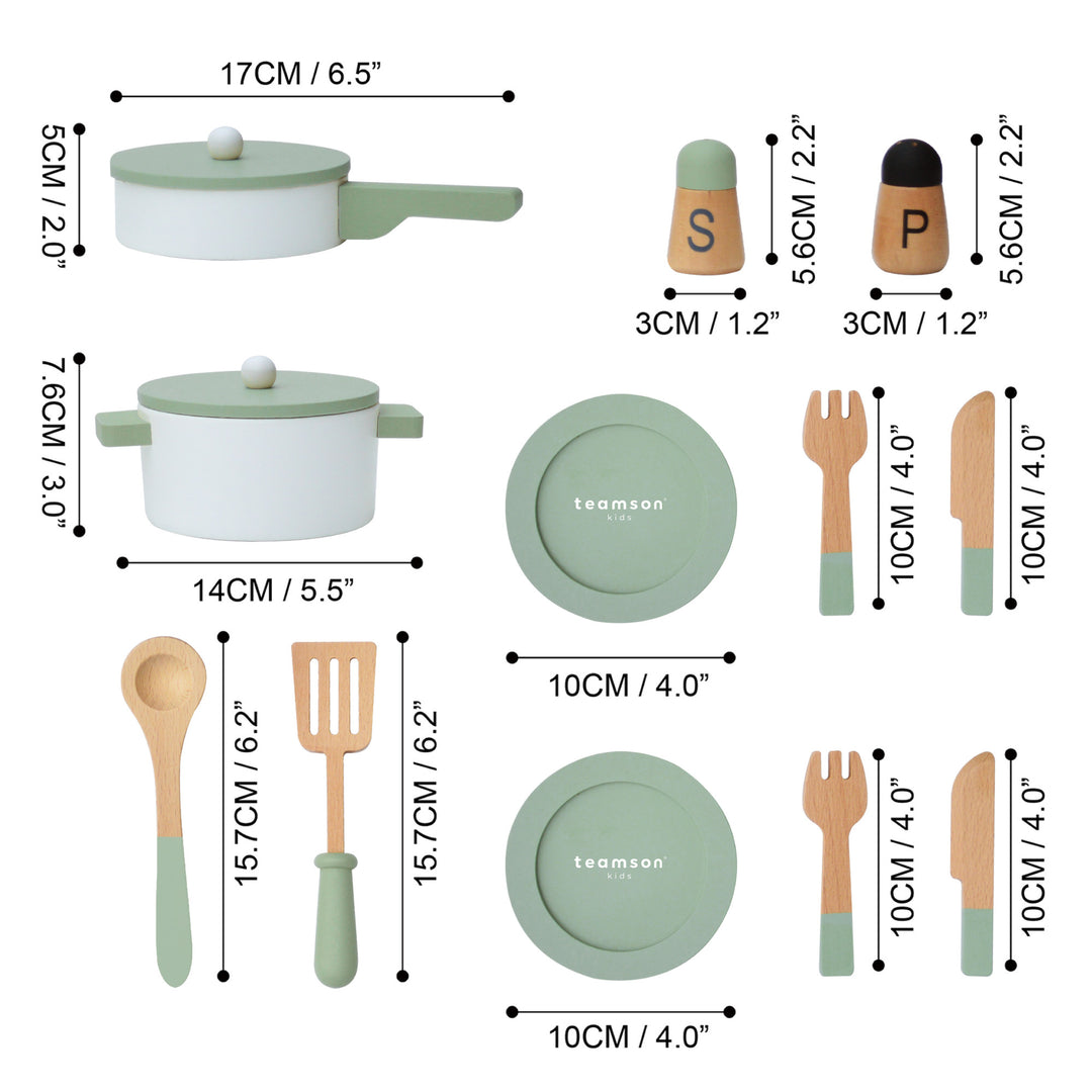 A  dimensional graphic for a play kitchen playset in inches and centimeters