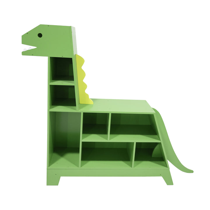 Green dinosaur-shaped bookshelf for children's bedrooms with 7 compartments